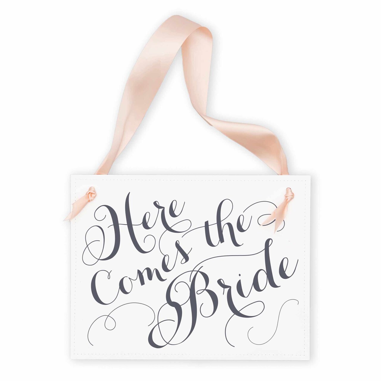 Ritzy Rose Cute Ring Bearer Sign - Slate on 11x8in White Linen Cardstock with Blush Ribbon